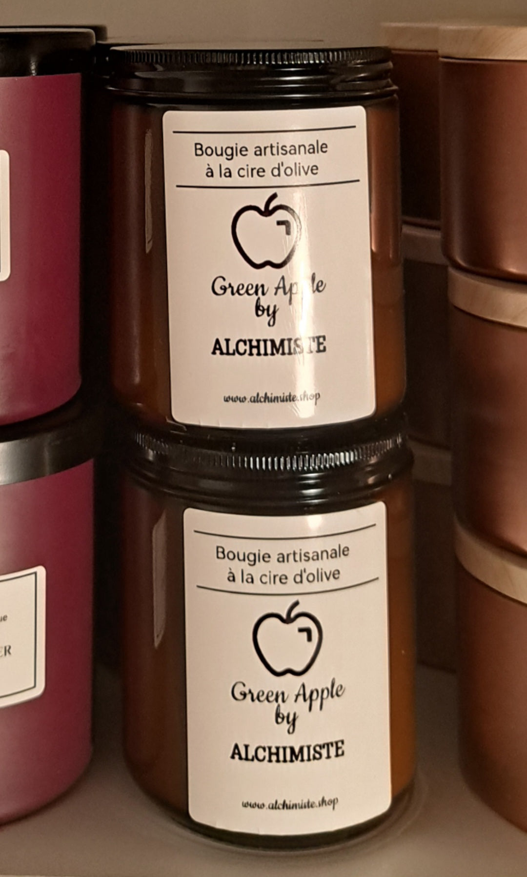 Bougie à la cire d'olive dans un contenant en verre avec couvercle en métal, taille 250 ml